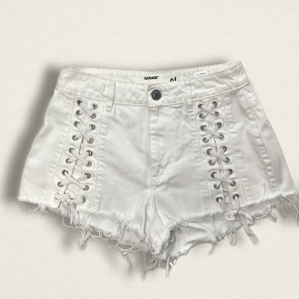 white lace up jean shorts